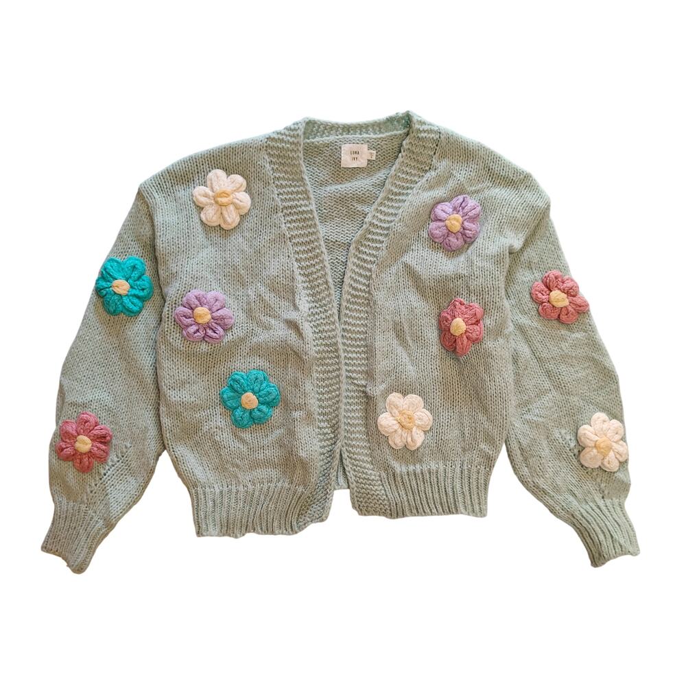 Luna Ivy Floral Cardigan 3D Flowers Pastel Chunky Knit Boho Cottage S